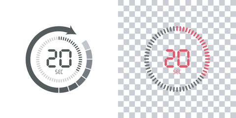 Timer, 20 seconds, stopwatch vector icon. Stopwatch icon in flat style, 20 seconds Countdown timer symbol icon on white and transparent background. Vector illustration.