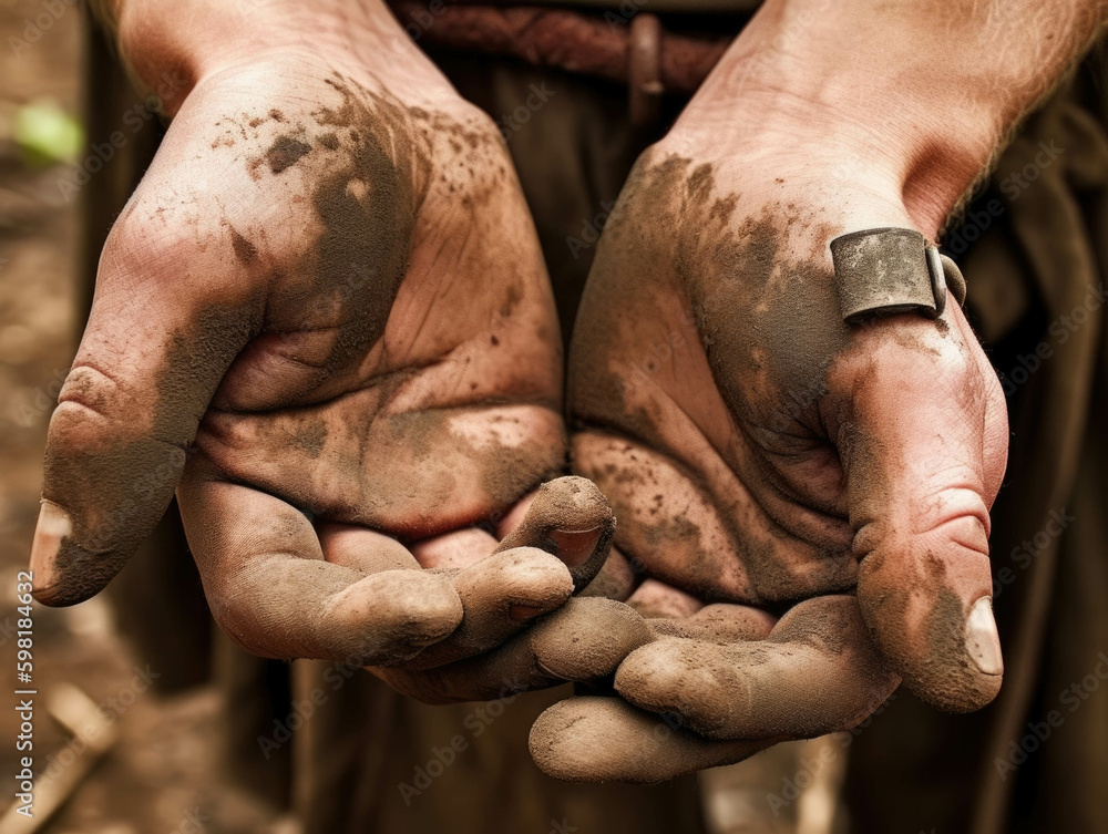 Poster a closeup of a womans worn and weatherbeaten hands gripping onto a few coins all she has remaining t