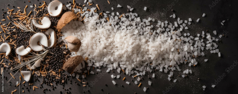 Poster bites of coconut flakes and chia seeds for a healthy snack.. ai generation. generative ai