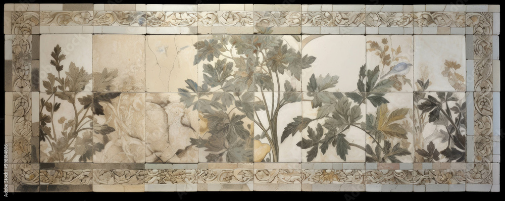 Poster a frame of ornate mosaic enhanced by vibrant herbs and foliage.. ai generation. generative ai