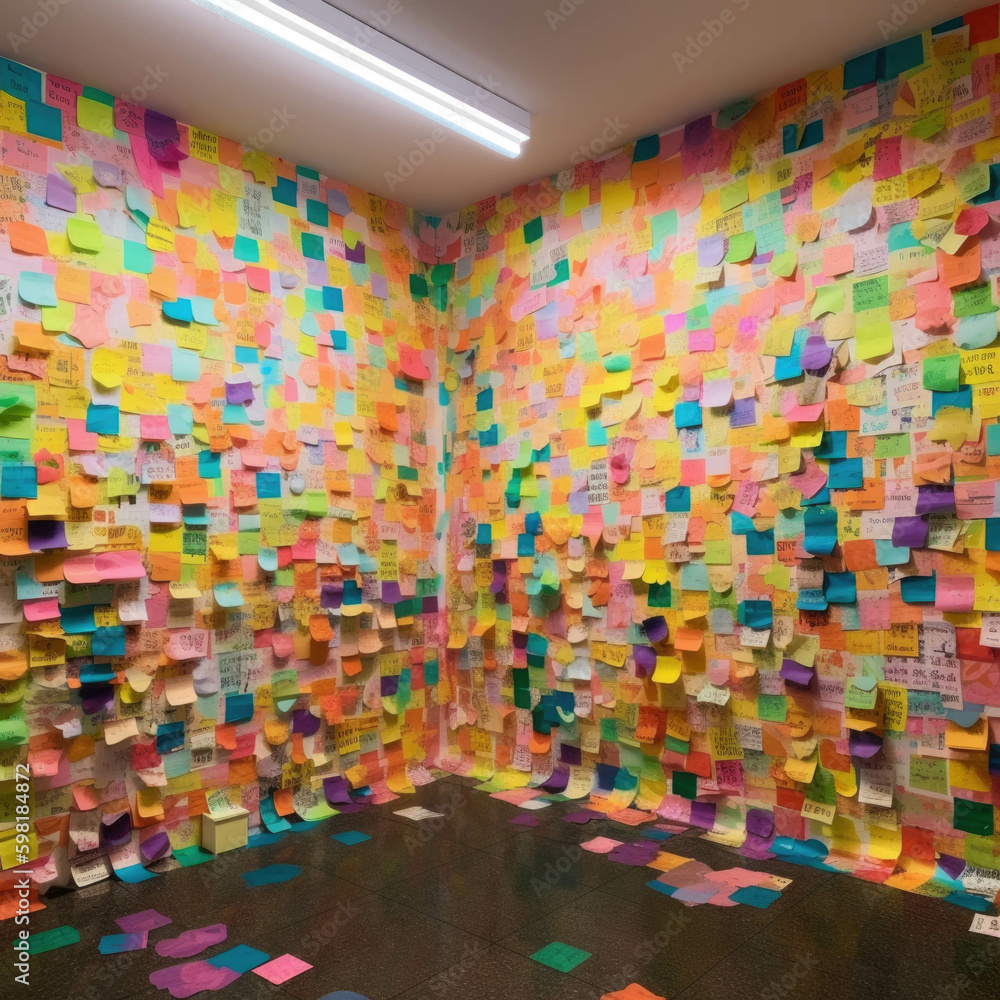 Aufkleber a wall covered in colorful sticky notes each with a different monetary goal scrawled onto it.. ai ge