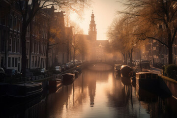 the first light of the day casts a golden hue over the charming cityscape