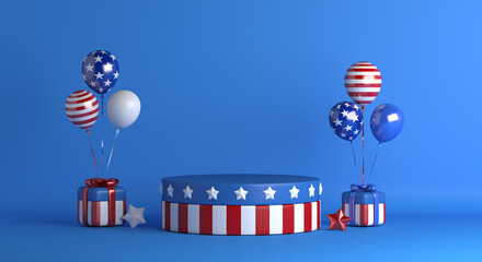 USA podium displaywith balloon and gift box, Fourth of July independence day, copy space text, 3D rendering illustration
