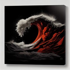 Red orange white silhouette of waves crashing on the black background.  Generative AI