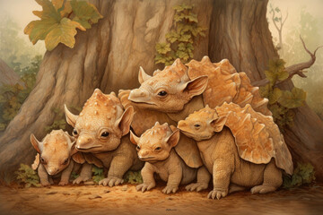 A pack of baby Protoceratops cautiously huddling together beneath a large tree.. AI generation. Generative AI