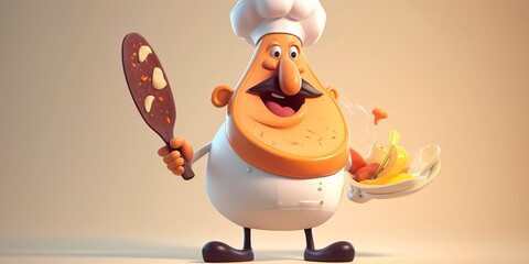 cartoon pancreas character with a chef hat and apron, holding a plate of healthy food and a spatula  Generative AI - obrazy, fototapety, plakaty