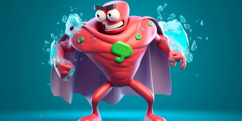 cartoon spleen character with a superhero costume, flexing its muscles and punching bacteria and viruses. Generative AI