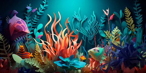 Fototapeta na wymiar paper art underwater scene with different sea creatures and plants. Generative AI