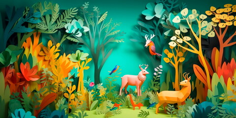 paper art forest with different animals and plants in vibrant colors. Generative AI