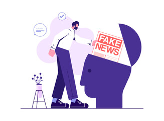 Fake news concept.Metaphor about contemporary media, people reading fake news, man adding fake news in big human head