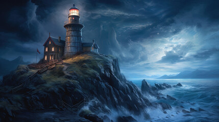 lighthouse at sunset. Generative Ai