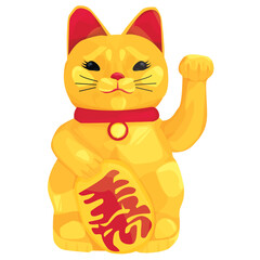Golden Maneki-neko figurine on a white background. Japanese calling cat. Japanese cat of happiness. Japanese culture. Good luck symbol. Asian New Year. Abundance. flat vector.