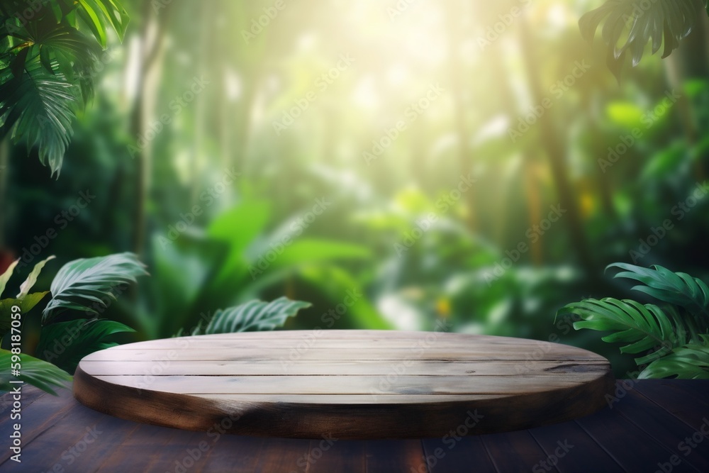 Poster leaf platform mock design color up green podium wooden space palm. generative ai. generative ai