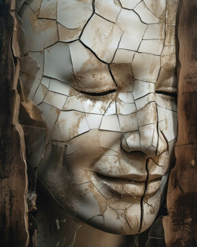 A thin veneer of happiness painted across a face but the cracks are all too visible and the coldness unabated. Psychology emotions concept. AI generation. Generative AI