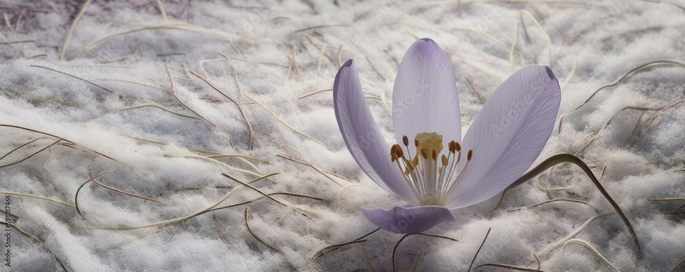 Poster a single snowdrop surrounded by a carpet of ice.. ai generation. generative ai