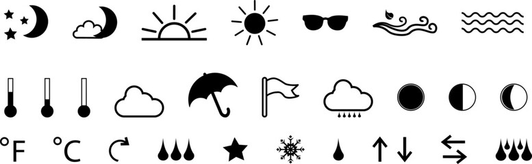 Weather icons. Weather forecast icon set.Weather forecast - outline web icon set, vector, thin line icons collection.Weather , clouds, sunny day, moon, snowflakes, wind, sun day. . Vector illustration