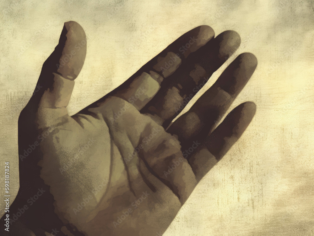 Poster a closeup of an outstretched hand covered in dirt and asking for help.. ai generation. generative ai