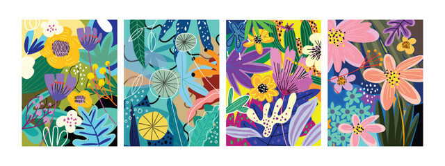 Set of trendy colorful tropical flowers, plants, leaves vector illustration background.