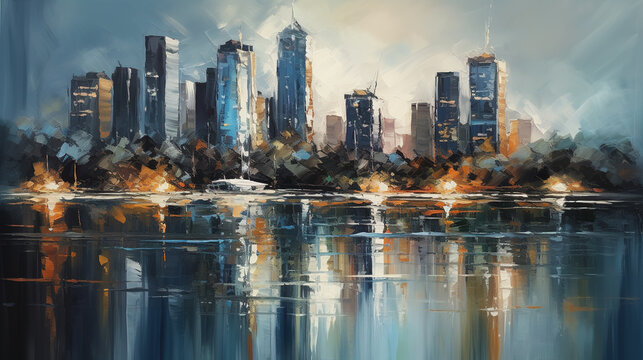 Panorama of a large modern metropolis on the ocean or river. Painting in the technique of abstract oil painting. AI generative image.