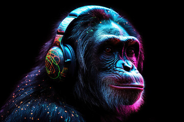 Smart chimpanzee in big headphones listens to beautiful modern music. AI generative image.