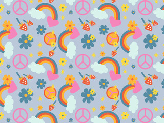 Retro seamless pattern with groovy elements. 70s hippie wallpaper. Cartoon funky mushrooms, flowers, rainbow, cloud, peace. Vintage hippy style. Generative AI