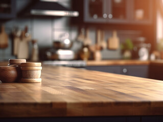 Fototapeta na wymiar Wooden table top with blurred kitchen interior background. Product demo mockup. AI generative image.