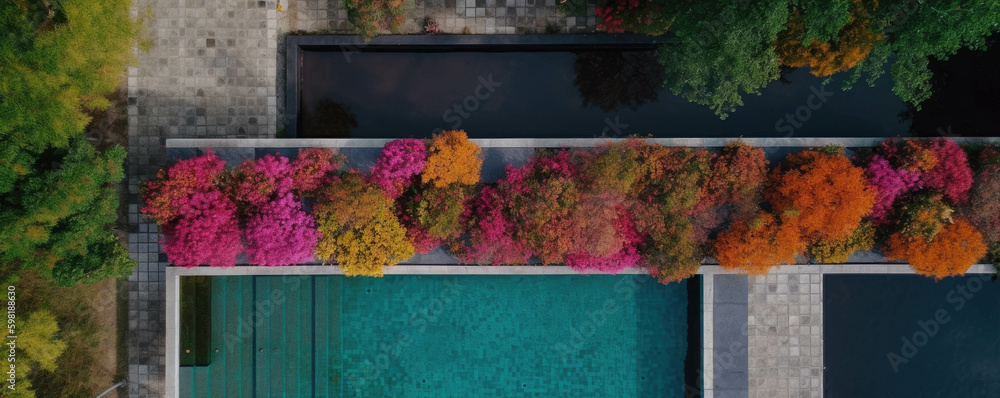 Poster a mesmerizing construction of colors crafted with skillful foliage and vibrant blooms.. ai generatio