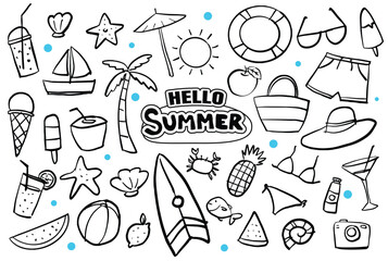 Hello summer doodle on white background. Summer hand drawn symbols and objects.