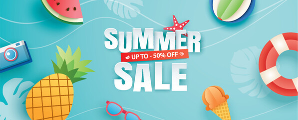 Summer sale with decoration origami on blue sky background. Paper art and craft style.