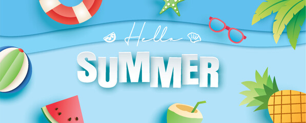 Hello summer with decoration on blue background. Paper art and craft style. © kaisorn
