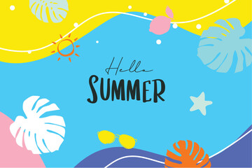 Hello summer with decoration on blue background.