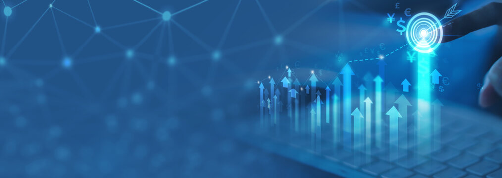 Businesswoman analyzing company financial balance sheet working with digital virtual graphics Businessman calculating financial data for long term investment growth goals