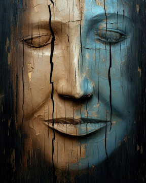 A thin veneer of happiness painted across a face but the cracks are all too visible and the coldness unabated. Psychology emotions concept. AI generation. Generative AI