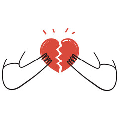 hand drawn doodle person holding broken heart illustration vector
