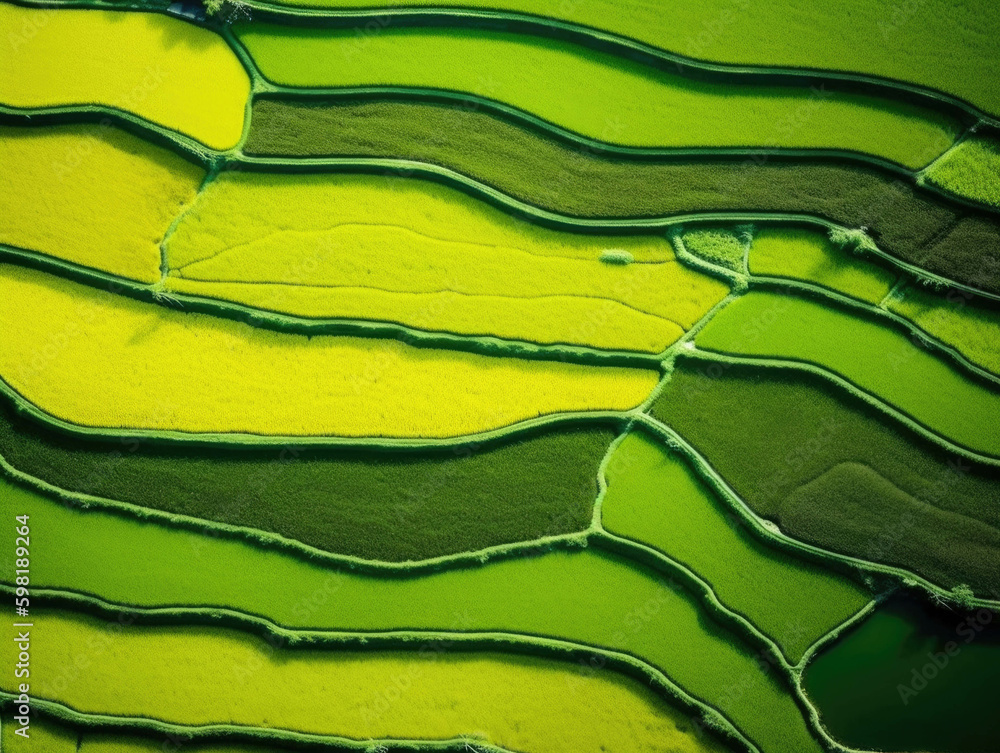 Poster an aerial view of a lush green land contrasted with a nearby village highlighting the inequality of 