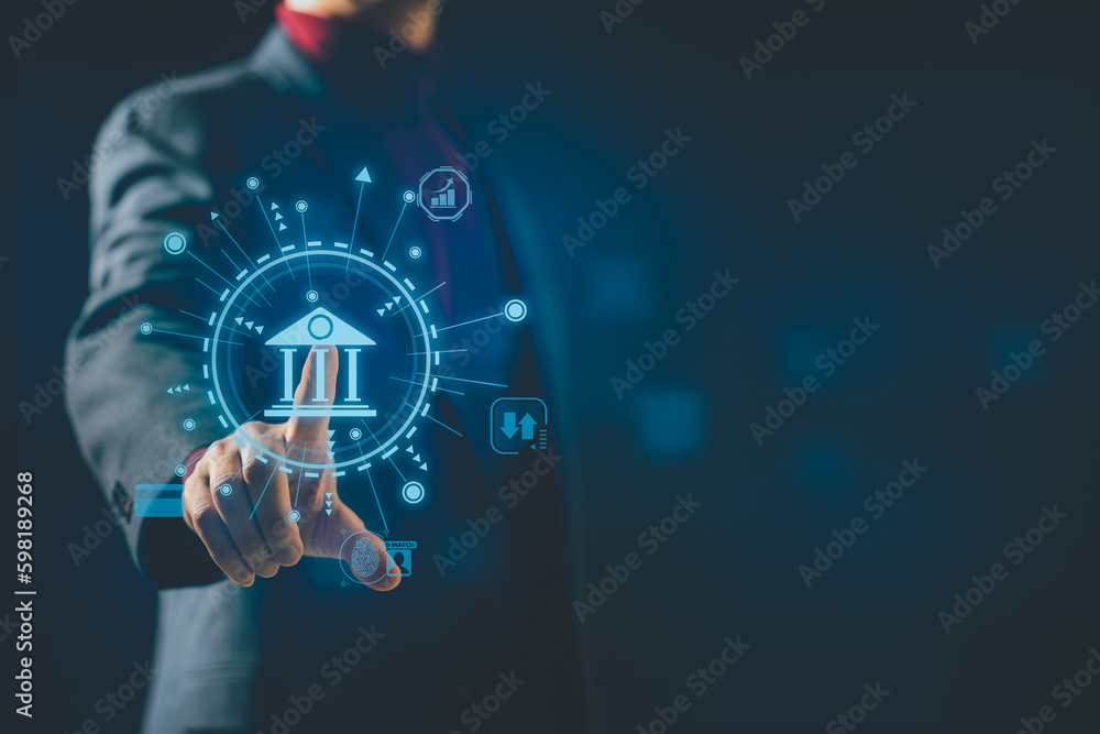 Poster man touch digital virtual bank on network of financial data and banking and decentralized finance on