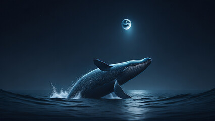 whale jumping out of water at night wit moonlight background generative AI