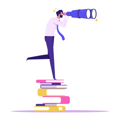 Research, investigation and curiosity concept. businessman standing on book looking at something with telescope spyglass trying to find something, find Opportunity