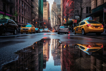 the dazzling colors mirrored in a puddle on a lively City street