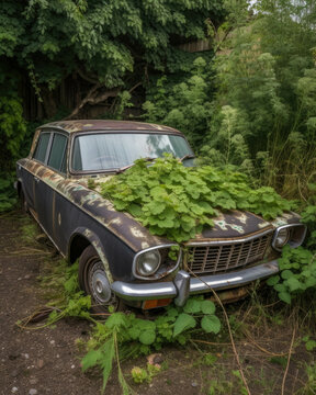 A derelict car the paint long gone now a home to a colony of wild geraniums. Abandoned landscape. AI generation. Generative AI