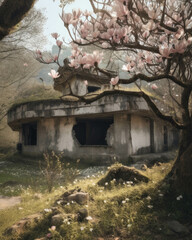 An ancient bunker shattered yet still standing with blooming magnolias sprouting up through the broken concrete. Abandoned landscape. AI generation. Generative AI