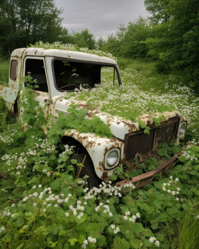 A forgotten military truck overgrown with a carpet of white clover. Abandoned landscape. AI generation. Generative AI