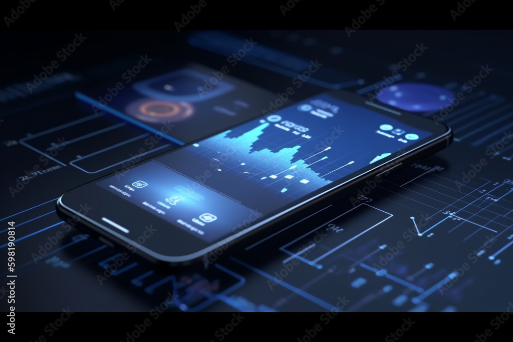 Poster mobile phone with screen business analytics and metrics on blue background with smartphone