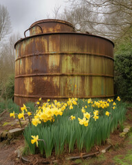Obraz premium A rusted tank now invaded by a plague of bright yellow daffodils. Abandoned landscape. AI generation. Generative AI