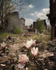A clearing in a ruined city a of magnolias blooming in the midst of the destruction. Abandoned landscape. AI generation. Generative AI