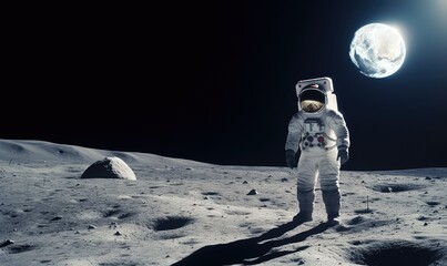 Walking the lunar surface, astronaut feels alone Creating using generative AI tools - obrazy, fototapety, plakaty