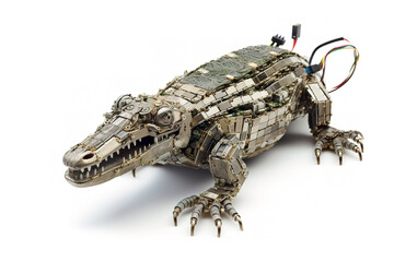 Image of a crocodile modified into a electronics robot on a white background. Wildlife Animals. Illustration, Generative AI.
