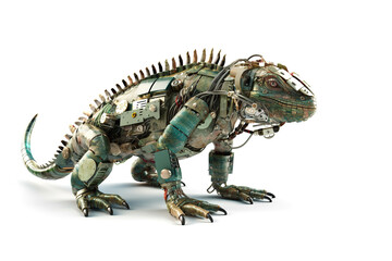 Fototapeta premium Image of an iguana modified into a electronics robot on a white background. Reptile. Animals. Illustration, Generative AI.