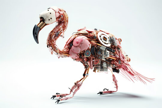 Image of a flamingo modified into a electronics robot on a white background. Wildlife Animals. Birds. Illustration, Generative AI.