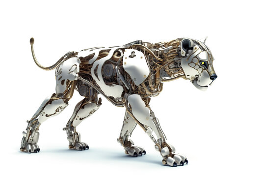 Image of a female lion modified into a robot on a white background. Wildlife Animals. Illustration, Generative AI.